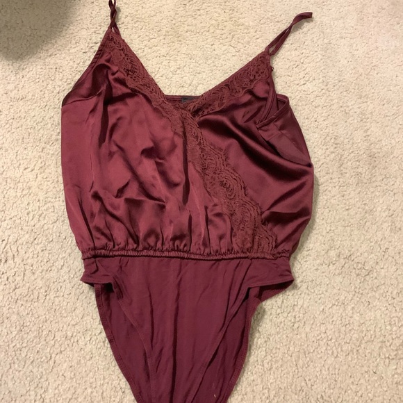 Burgundy satin body suit with lace trim size small - Picture 2 of 3